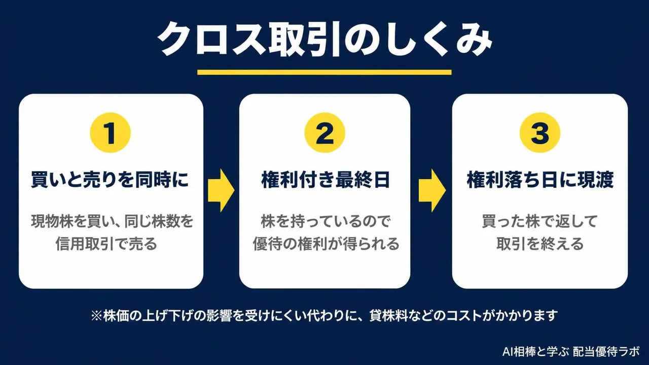クロス取引のしくみの図。買いと売りを同時に入れ、権利付き最終日に優待の権利を得て、権利落ち日に現渡で取引を終える流れ