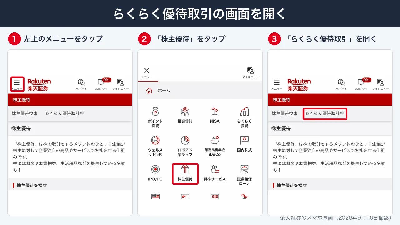 楽天証券のスマホ画面で、左上のメニューから株主優待を選び、らくらく優待取引を開く手順
