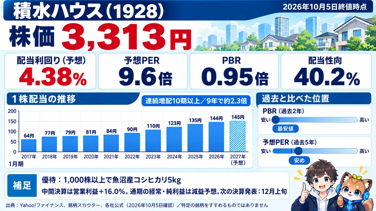 積水ハウスの指標カード。株価3,313円、予想配当利回り4.38%、予想PER9.6倍、PBR0.95倍、配当性向40.2%、1株配当は9年で約2.3倍