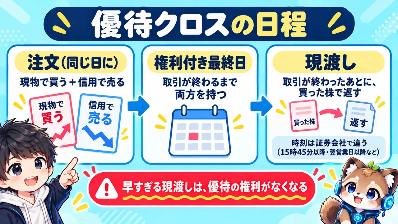 優待クロスの日程:同じ日に現物買いと信用売りを注文し、権利付き最終日の取引が終わるまで持ち、そのあとに現渡しする。早すぎる現渡しは優待の権利がなくなる
