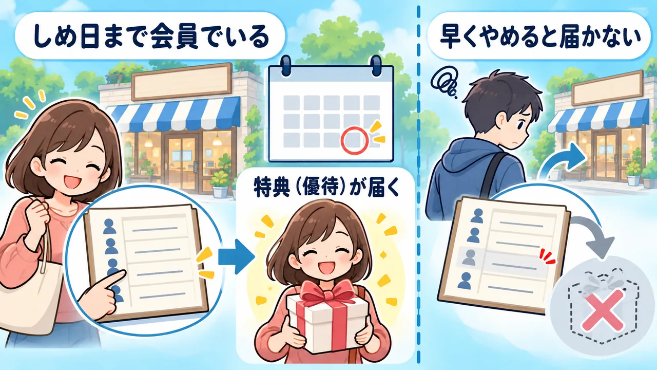 お店の会員名簿のたとえ：しめ日まで会員でいると特典（優待）が届き、早くやめると届かない