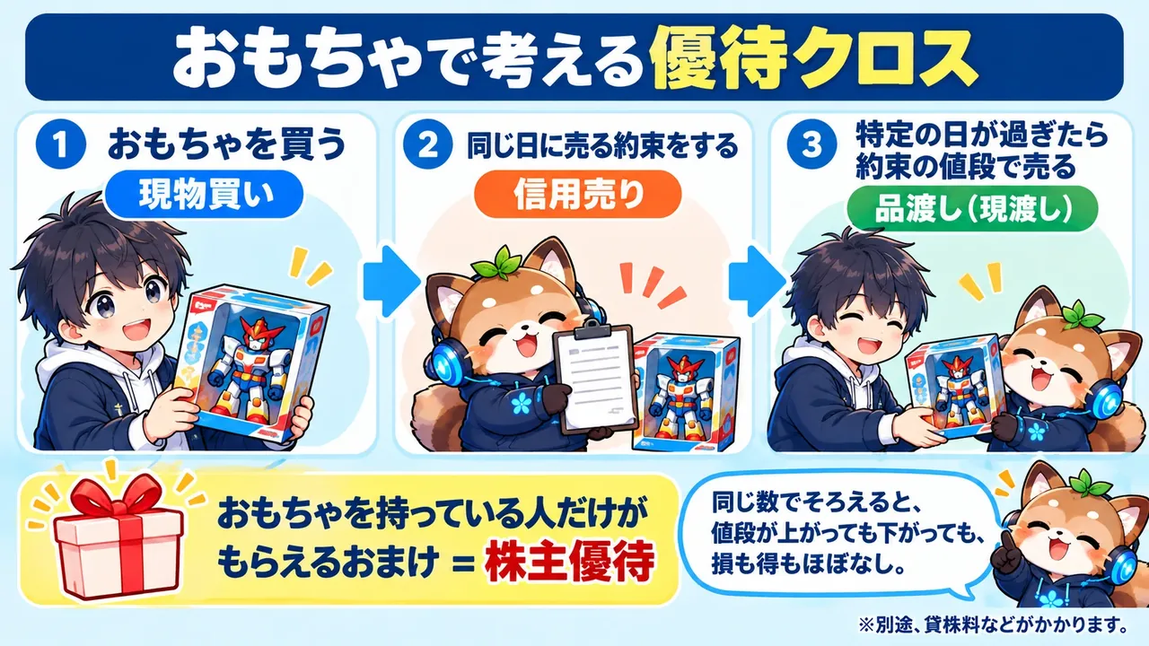 おもちゃで考える優待クロス（①現物買い②信用売り③品渡し・現渡し）