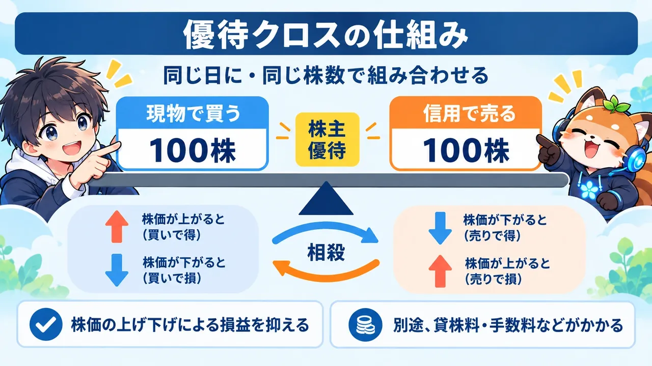 優待クロスの仕組み：現物買いと信用売りで株価の上がり下がりを打ち消し合う